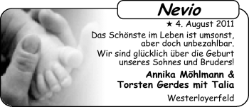 Babyanzeige von Nevio Gerdes von Nordwest-Zeitung