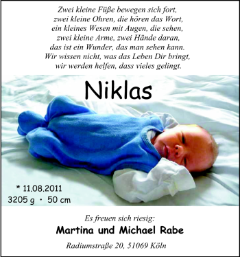 Babyanzeige von Niklas  von Nordwest-Zeitung