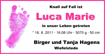 Babyanzeige von Luca Marie Hagens von Nordwest-Zeitung