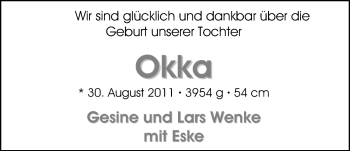Babyanzeige von Okka Wenke von Nordwest-Zeitung