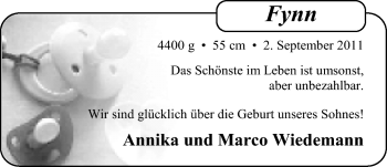 Babyanzeige von Fynn Wiedemann von Nordwest-Zeitung