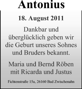 Babyanzeige von Antonius Röben von Nordwest-Zeitung