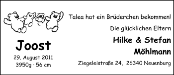 Babyanzeige von Joost Möhlmann von Nordwest-Zeitung