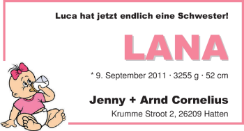 Babyanzeige von Lana Cornelius von Nordwest-Zeitung