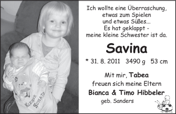 Babyanzeige von Savina Hibbeler von Nordwest-Zeitung