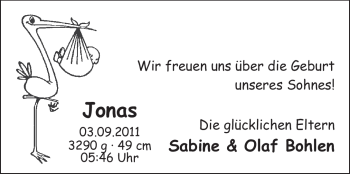 Babyanzeige von Jonas  von Nordwest-Zeitung
