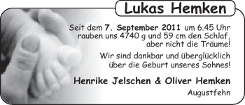 Babyanzeige von Lukas Hemken von Nordwest-Zeitung