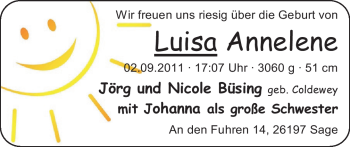 Babyanzeige von Luisa Annelene  von Nordwest-Zeitung