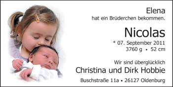 Babyanzeige von Nicolas Hobbie von Nordwest-Zeitung