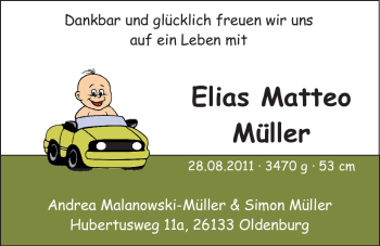 Babyanzeige von Elias Matteo Müller von Nordwest-Zeitung