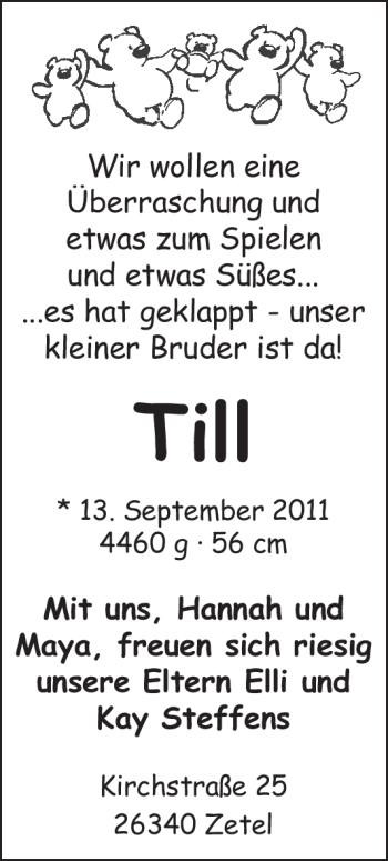 Babyanzeige von Till Steffens von Nordwest-Zeitung