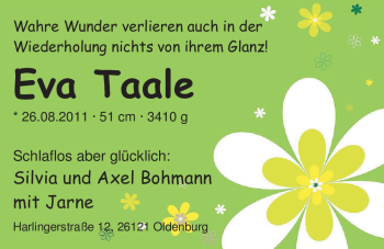 Babyanzeige von Eva Taale  von Nordwest-Zeitung