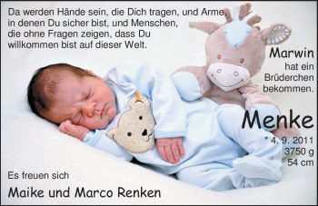 Babyanzeige von Menke Renken von Nordwest-Zeitung