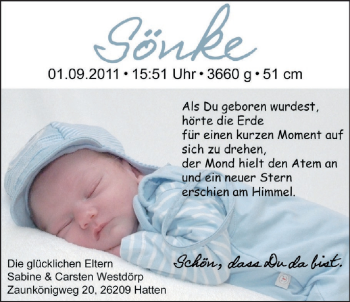 Babyanzeige von Sönke  von Nordwest-Zeitung