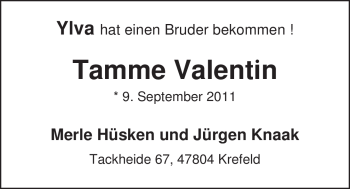 Babyanzeige von Tamme Valentin  von Nordwest-Zeitung