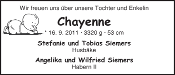 Babyanzeige von Chayenne Siemers von Nordwest-Zeitung