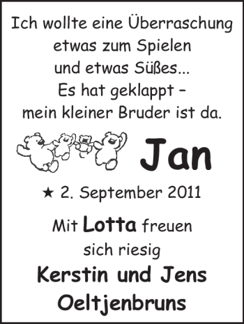 Babyanzeige von Jan  von Nordwest-Zeitung
