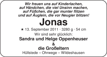 Babyanzeige von Jonas Oppenheuser von Nordwest-Zeitung