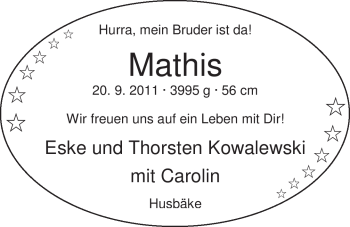 Babyanzeige von Mathis Kowalewski von Nordwest-Zeitung