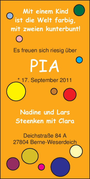 Babyanzeige von Pia Steenken von Nordwest-Zeitung