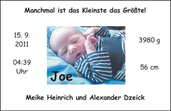 Babyanzeige von Joe  von Nordwest-Zeitung
