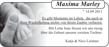 Babyanzeige von Maxima Marley  von Nordwest-Zeitung