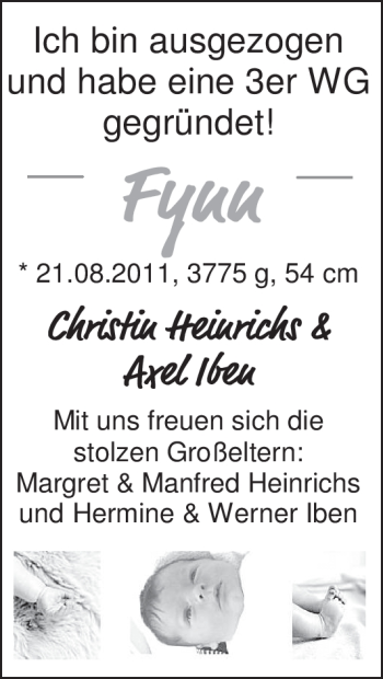 Babyanzeige von Fynn  von Nordwest-Zeitung