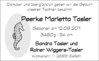 Babyanzeige von Peerke Marietta Tasler von Nordwest-Zeitung