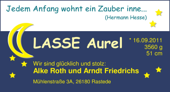 Babyanzeige von Lasse Aurel Friedrichs von Nordwest-Zeitung