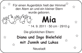 Babyanzeige von Mia Bielefeld von Nordwest-Zeitung