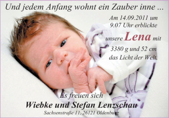 Babyanzeige von Lena Lenzschau von Nordwest-Zeitung