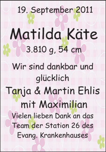 Babyanzeige von Matilda Käte  von Nordwest-Zeitung
