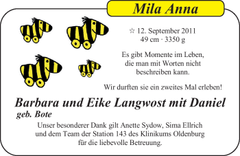 Babyanzeige von Mila Anna  von Nordwest-Zeitung