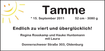 Babyanzeige von Tamme  von Nordwest-Zeitung