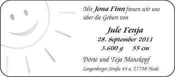 Babyanzeige von Jule Fenja  von Nordwest-Zeitung