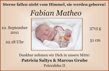 Babyanzeige von Fabian Matheo Grube von Nordwest-Zeitung