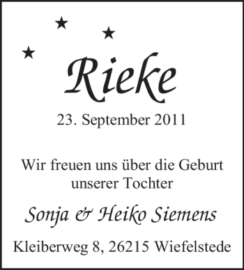 Babyanzeige von Rieke  von Nordwest-Zeitung