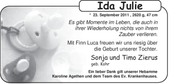Babyanzeige von Ida Julie Zierus von Nordwest-Zeitung