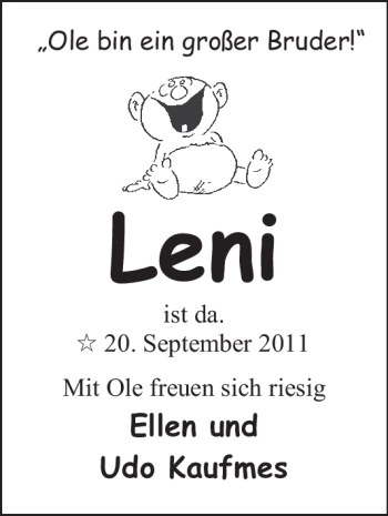Babyanzeige von Leni Kaufmes von Nordwest-Zeitung