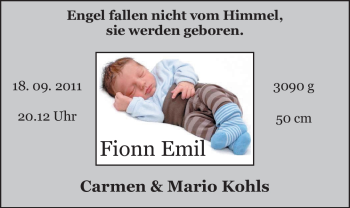Babyanzeige von Fionn Emil Kohls von Nordwest-Zeitung
