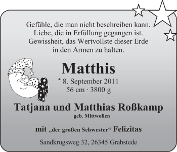 Babyanzeige von Matthis Roßkamp von Nordwest-Zeitung