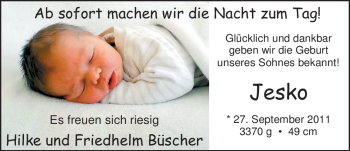 Babyanzeige von Jesko Büscher von Nordwest-Zeitung