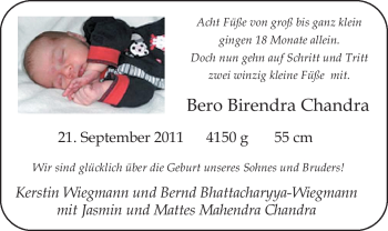 Babyanzeige von Bero Birendra Chandra  von Nordwest-Zeitung