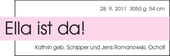 Babyanzeige von Ella Romanowski von Nordwest-Zeitung