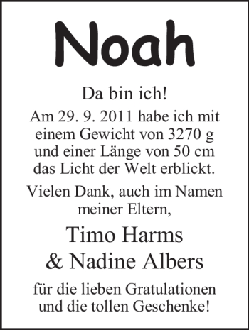 Babyanzeige von Noah Albers von Nordwest-Zeitung