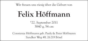 Babyanzeige von Felix Höffmann von Nordwest-Zeitung