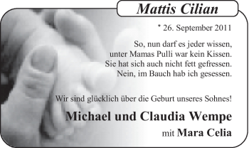 Babyanzeige von Mattis Cilian Wempe von Nordwest-Zeitung