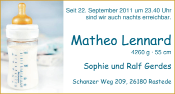 Babyanzeige von Matheo Lennard Gerdes von Nordwest-Zeitung