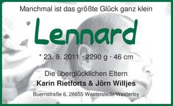 Babyanzeige von Lennard  von Nordwest-Zeitung