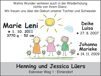 Babyanzeige von Marie Leni Lüers von Nordwest-Zeitung